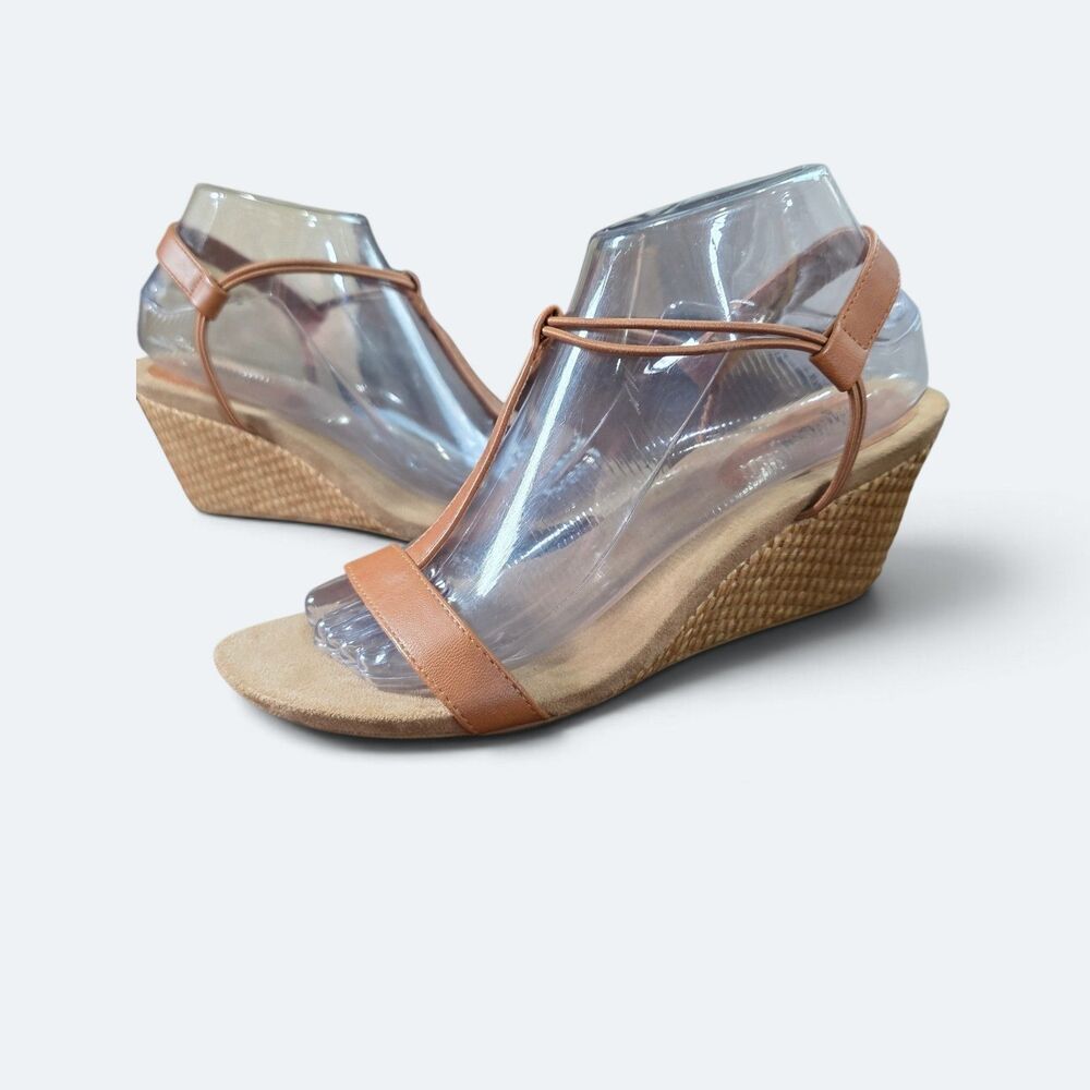 Style & Co Mulan Tan T-Strap Slingback Wedge Sandals Size 9M
